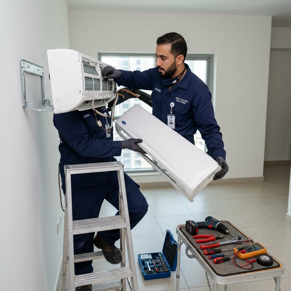 فني صيانة تكييف سعودي يقوم بفك وتجميع مواسير مكيف سبليت بغرض نقله بالرياض